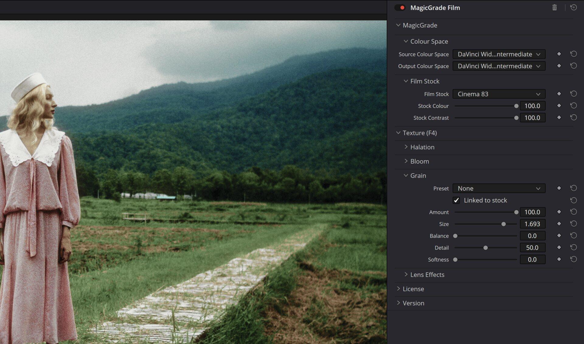 The MagicGrade Film panel sitting in a DaVinci Resolve colour page node tree
