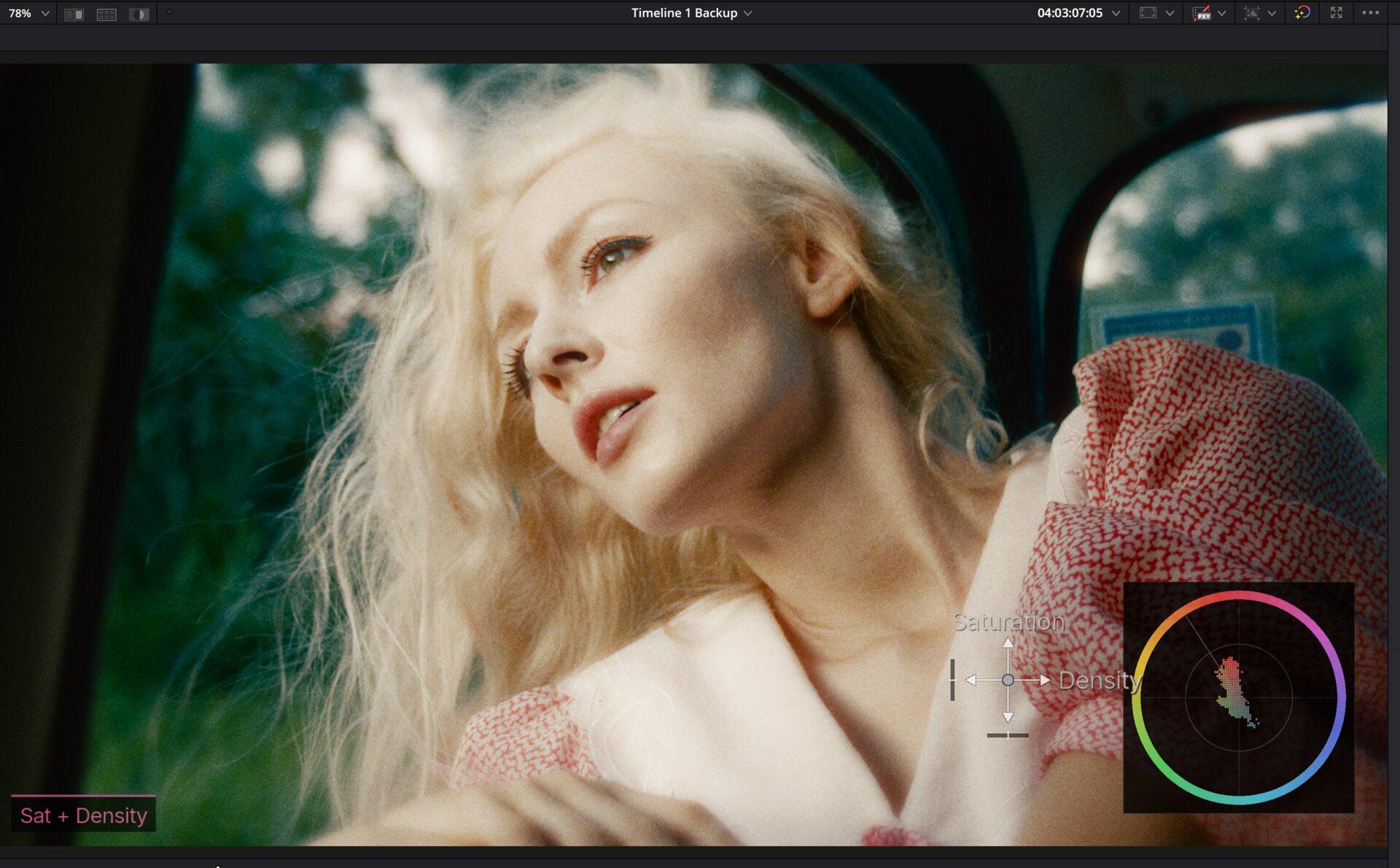 MagicGrade colour controls with the vectorscope overlay on a graded frame